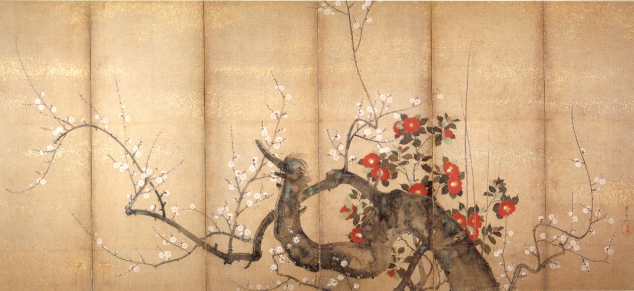 Ameixa em flor e camélia de Suzuki Kiitsu