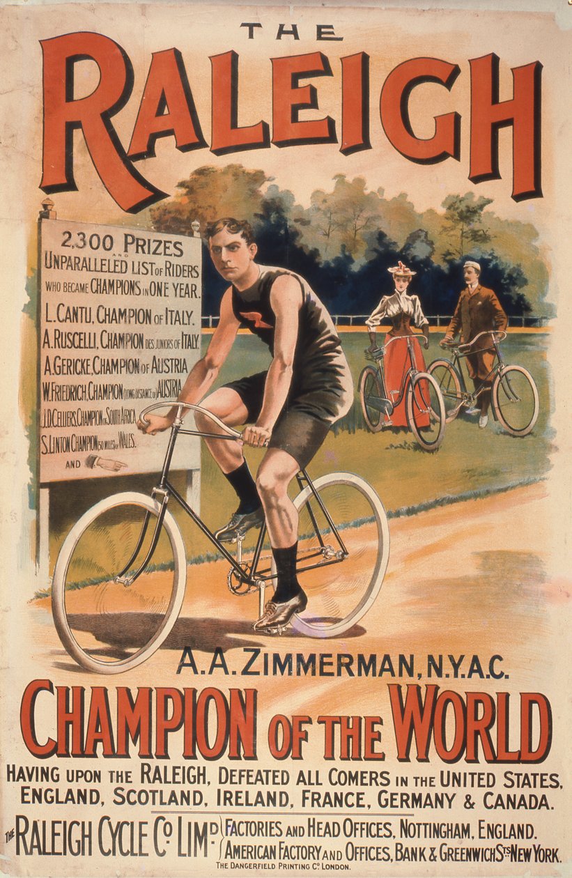 Raleigh com um retrato de Arthur Augustus Zimmerman, campeão mundial, 1893 de T. Moore
