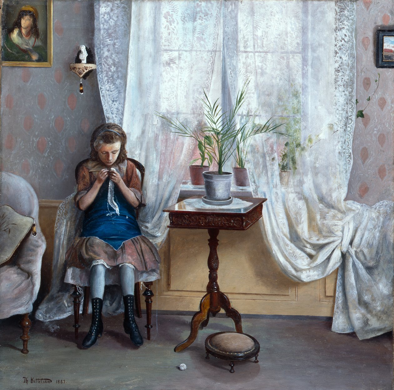 Interior com croché de menina de Theodor Kittelsen