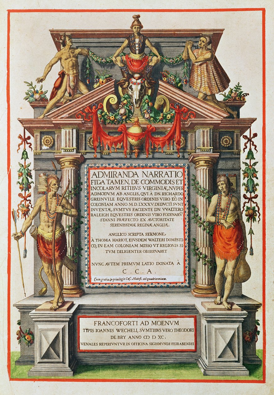 Admiranta Narratio .... Frontispício (página 1), 1585-1588 (gravura a cores) de Theodore de Bry