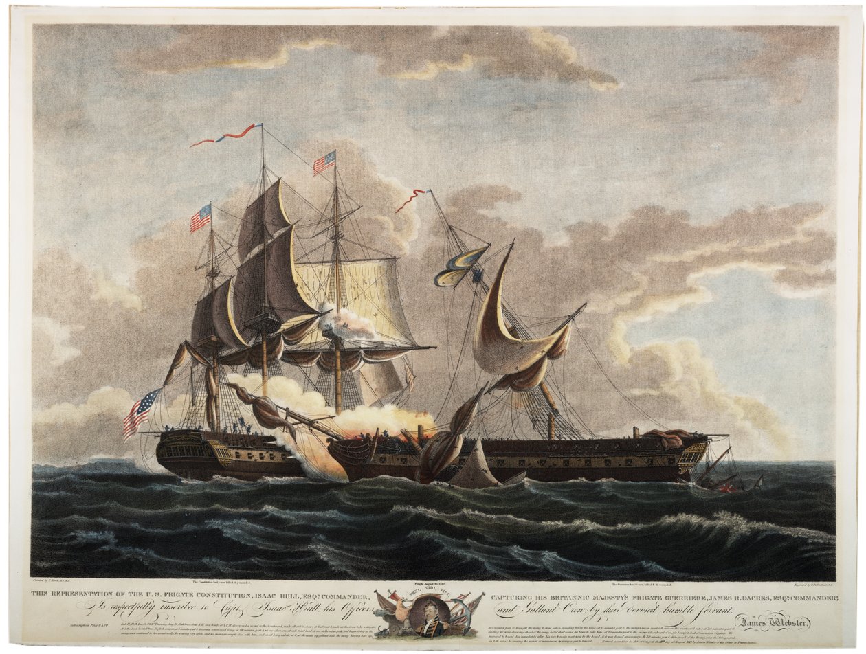 Constituição da Fragata dos EUA que captura a Fragata Guerriere, 1813 (gravura colorida à mão) de Thomas Birch