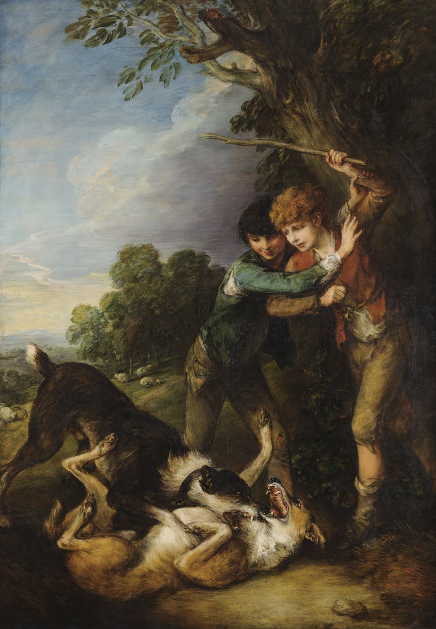 Dois, pastor, meninos, com, cachorros, luta de Thomas Gainsborough