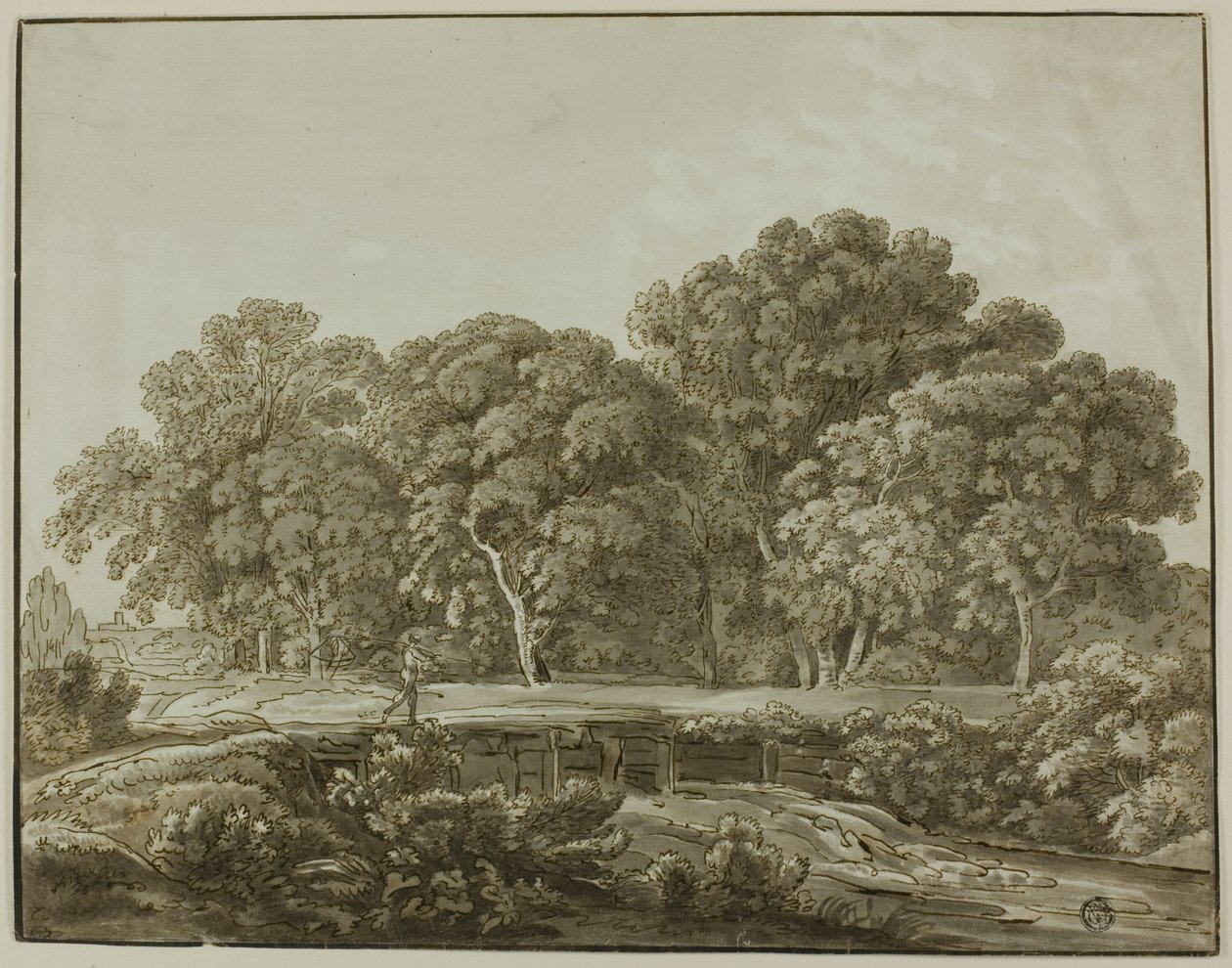 Paisagem com a ponte de travessia de figuras sobre o córrego de Thomas Sandby