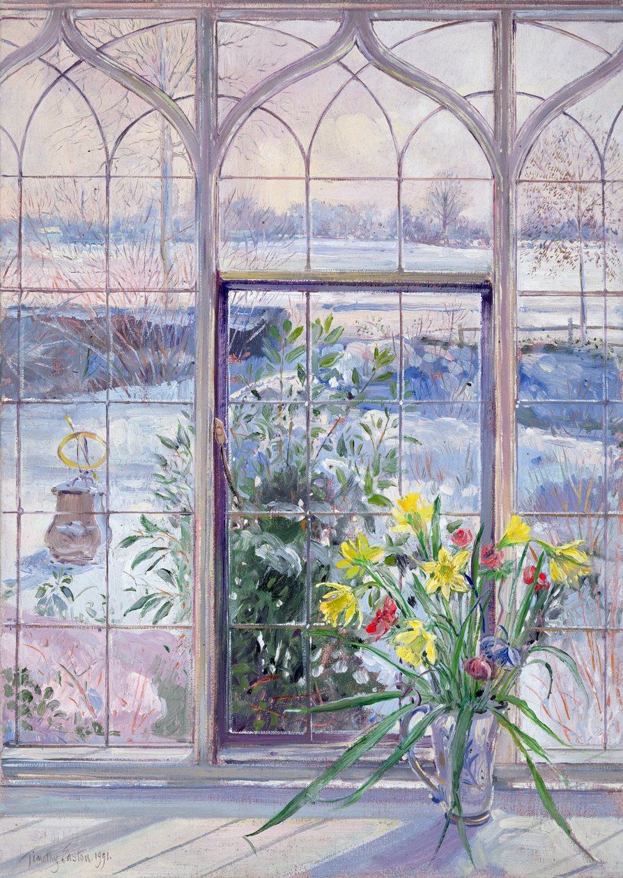 Daffodils e Relógio de Sol Contra a Neve de Timothy Easton
