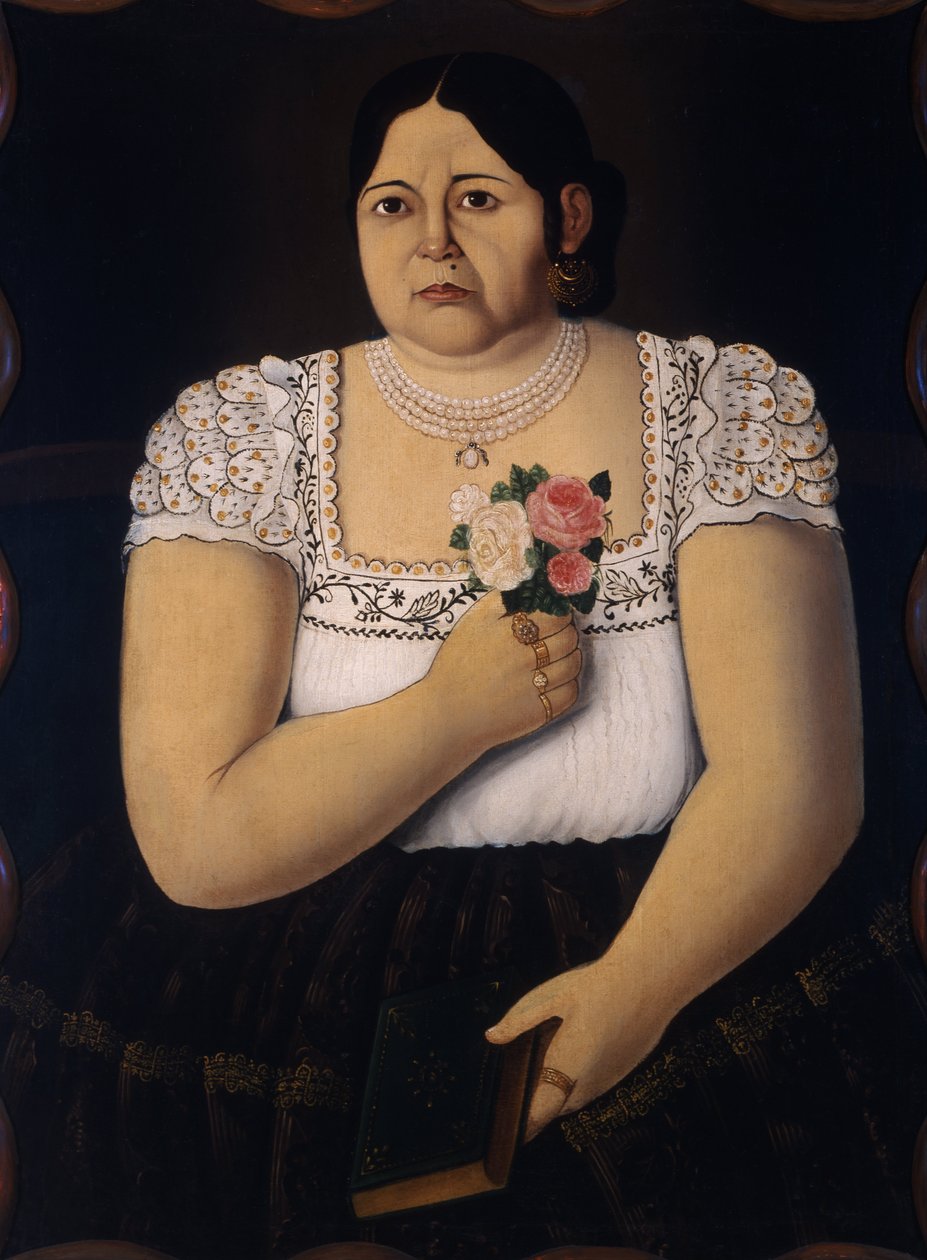 Anônimo - Portait de uma mulher nativa de Puebla com um buquê de rosas de Unbekannt Unbekannt