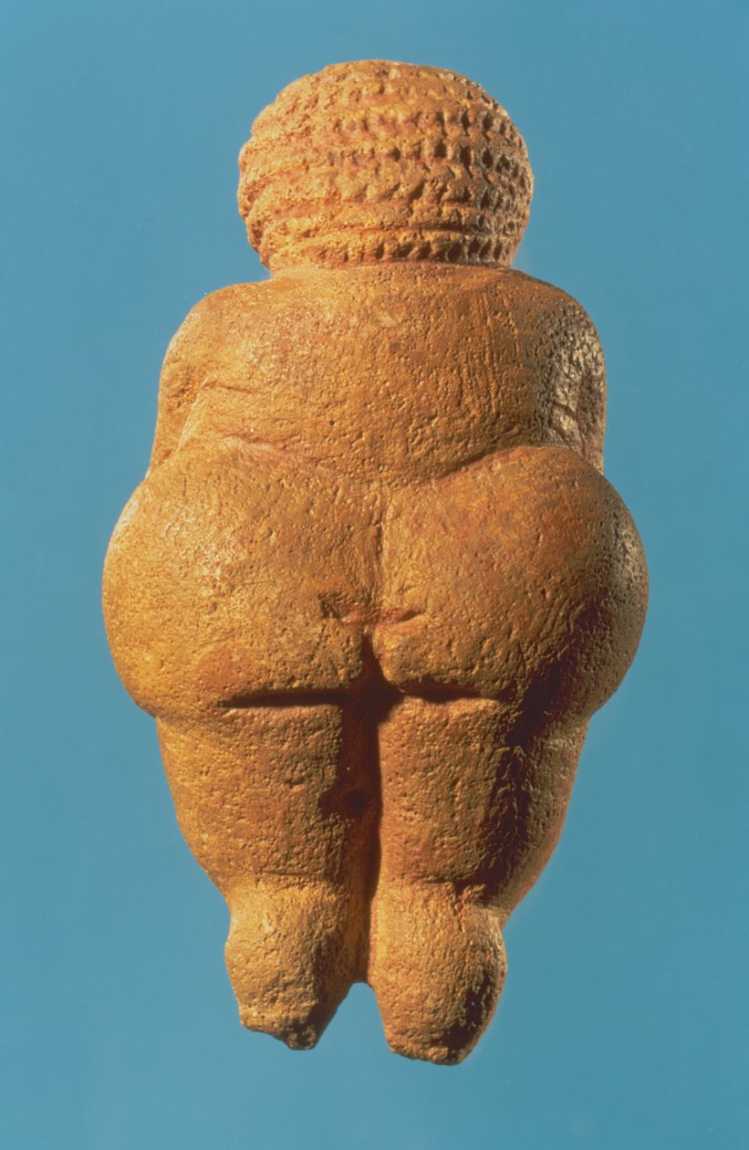 Vênus de Willendorf, vista traseira da figura feminina, cultura gravettiana, período paleolítico superior, c.30000-18000 aC (calcário oolítico colorido com ocre vermelho) (ver também 54145 e 93777) de Unbekannt Unbekannt