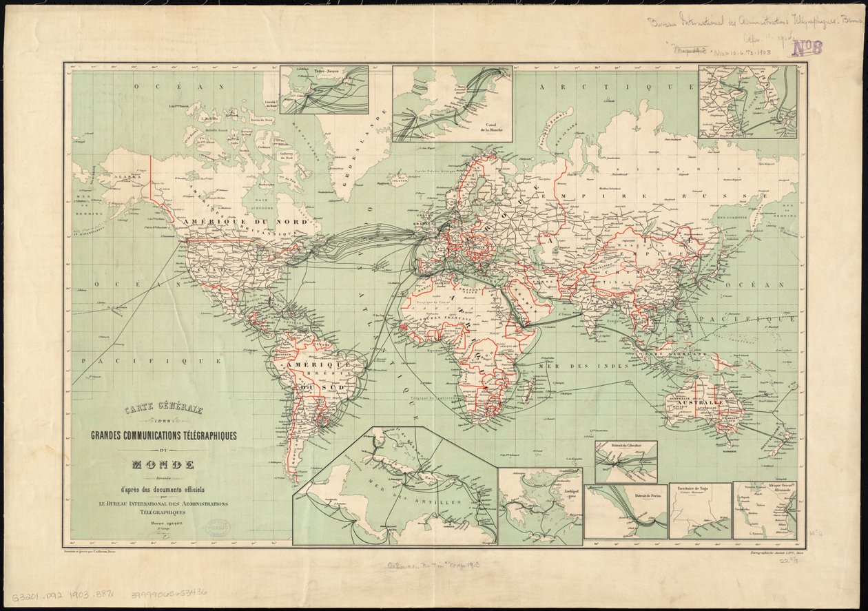 Mapa mundial de linhas telegráficas publicado pelo International Telegraph Bureau, 1901 Scale: [ca. 1: 70.000.000] de Unbekannt Unbekannt