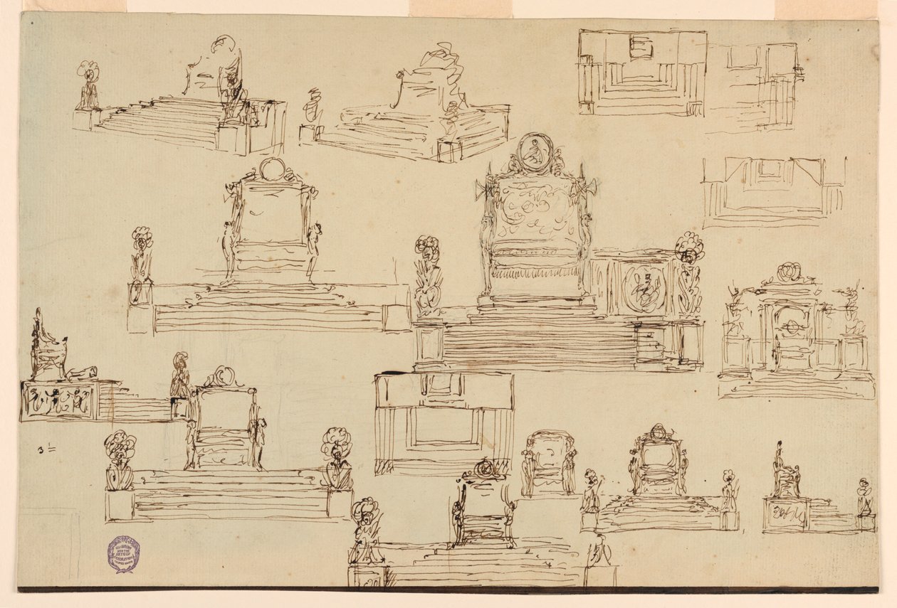 Desenho, quinze esboços para um trono, ca. 1810 de Unknown