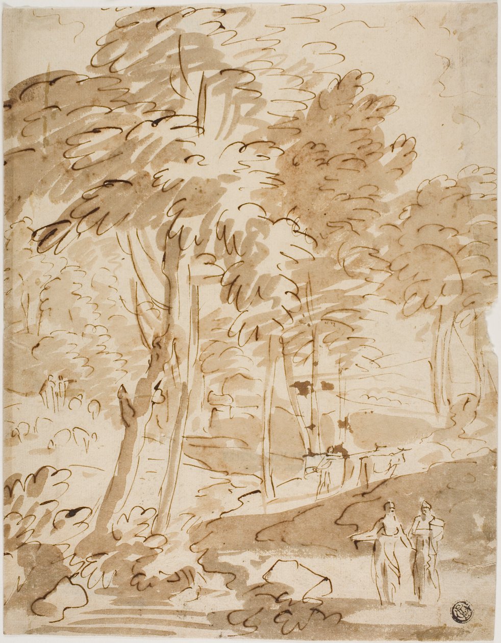 Paisagem arborizada com figuras e animais de Unknown