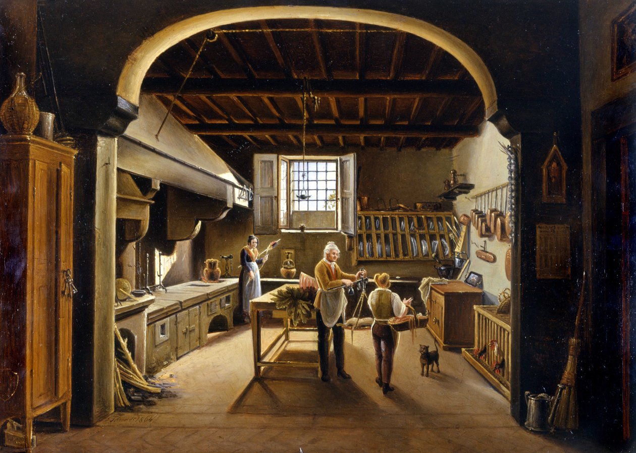 Vista de uma cozinha: as pessoas estão ocupadas de Unknown artist