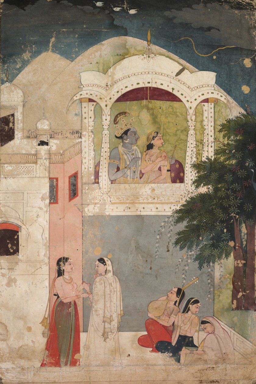 Radha e Krishna sentados em uma varanda de Unknown artist