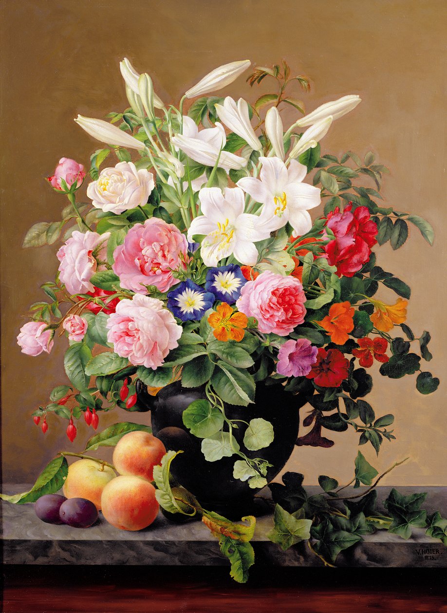 Ainda vida com flores e frutas de V. Hoier