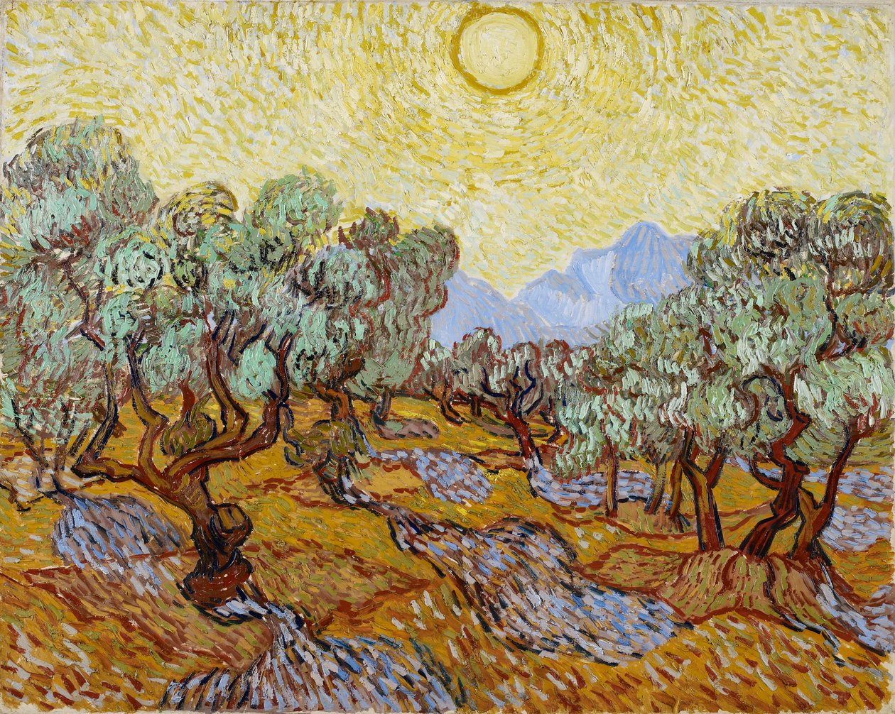 Oliveiras com céu amarelo e sol de Vincent van Gogh