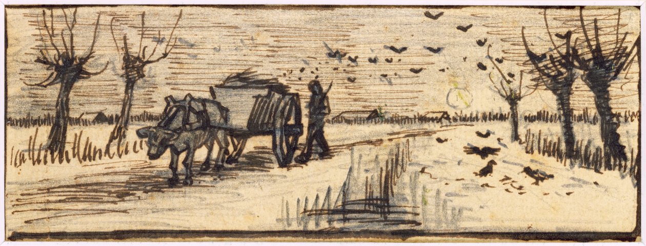 Ox-Cart na Neve, de uma série de quatro desenhos representando as quatro estações do ano (lápis, caneta e tinta marrom no papel) (ver também 61644-6) de Vincent van Gogh