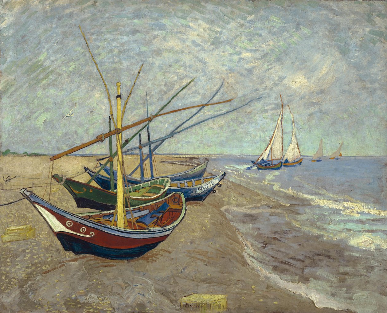 Barcos de pesca na praia de Les Saintes-Maries-de-la-Mer de Vincent van Gogh