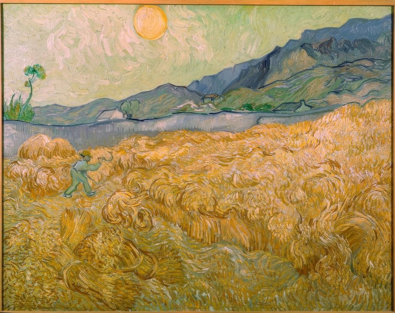 Campo de trigo com ceifeira no sol nascente de Vincent van Gogh