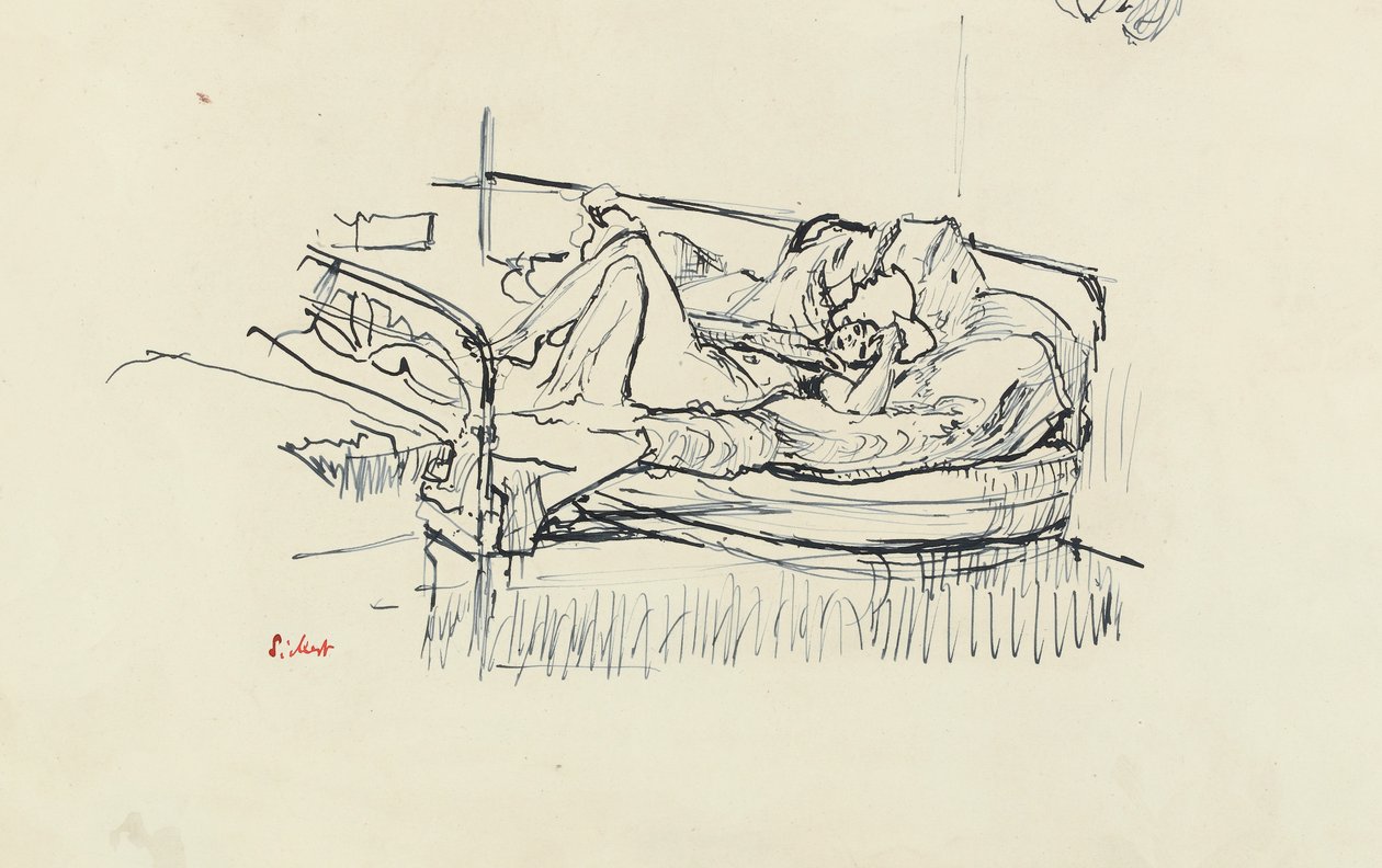 Nu deitado em uma cama (caneta e tinta azul no papel) de Walter Richard Sickert