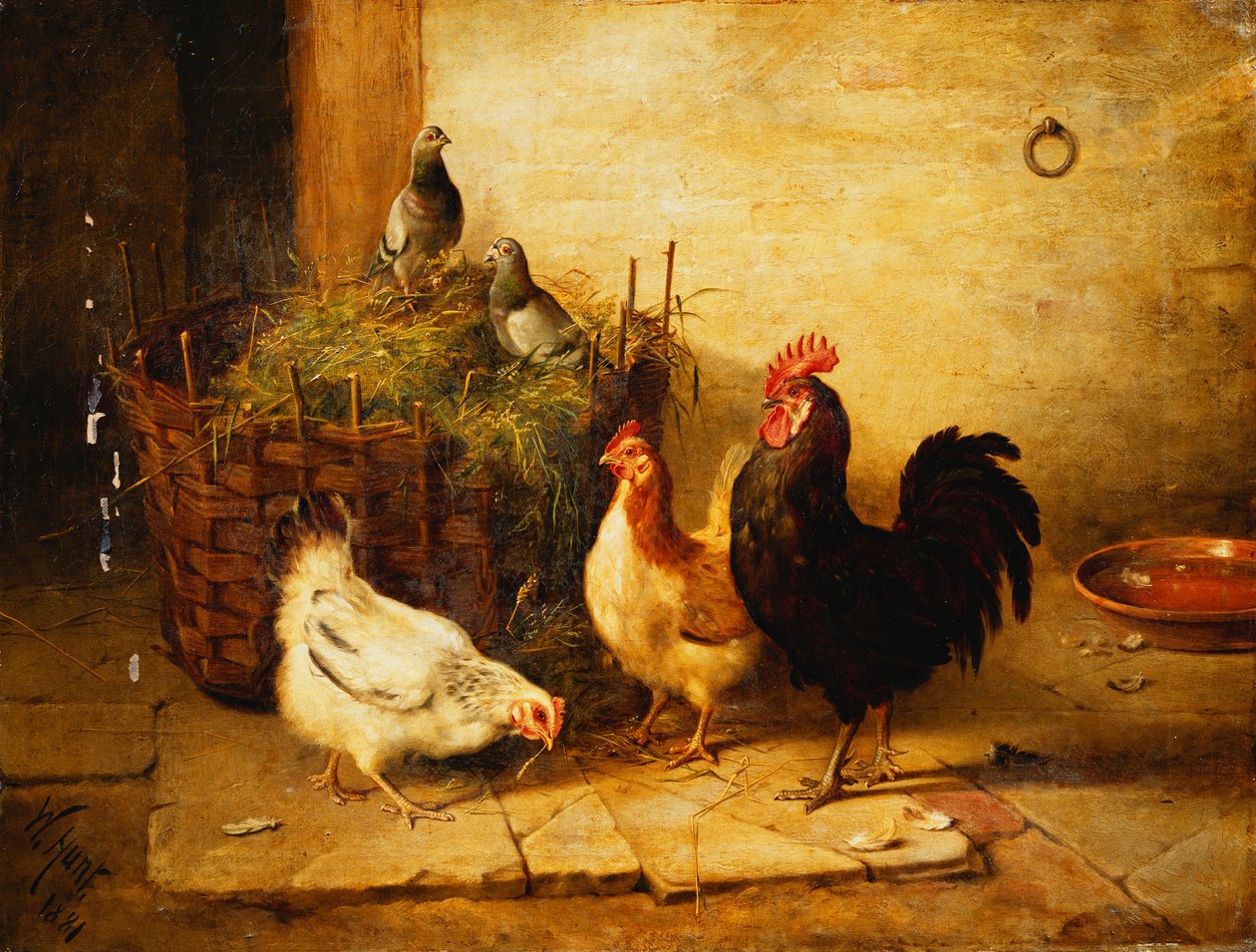 Aves e pombos em um interior de Walter Hunt