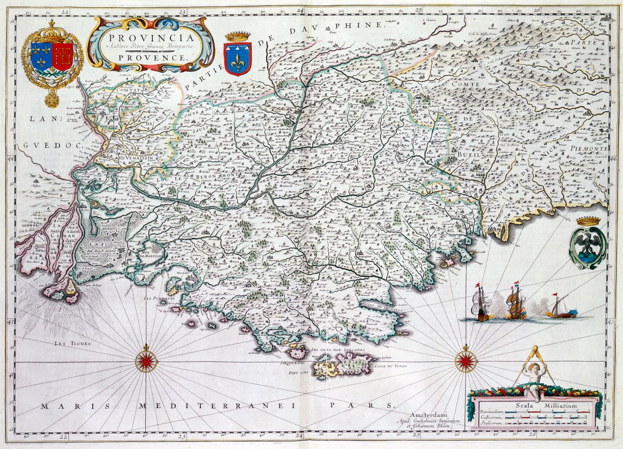 Mapa de &39;Provincia&39; ou Provence, agora parte do sul da França, 1638 (gravura colorida à mão) de Willem Janszoon Blaeu