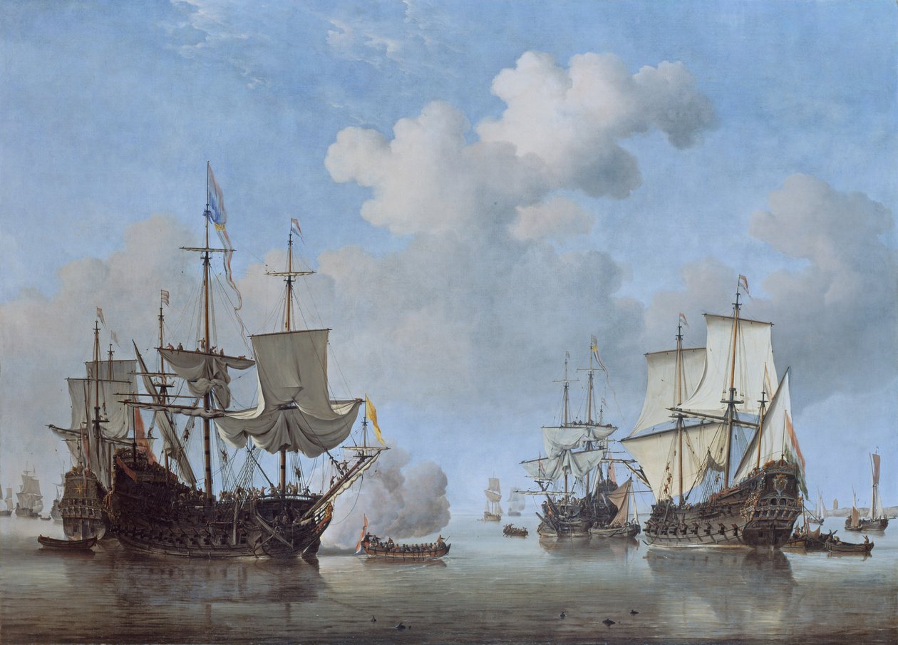 Calma: Navios holandeses chegando para ancorar de Willem van de Velde the Younger