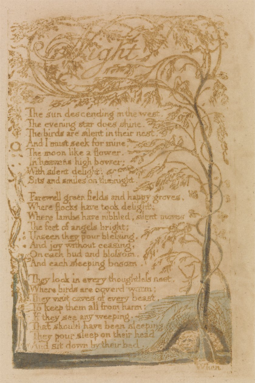 Noite, prato 16 de Songs of Innocence, 1789 (relevo gravado com wc no papel) de William Blake