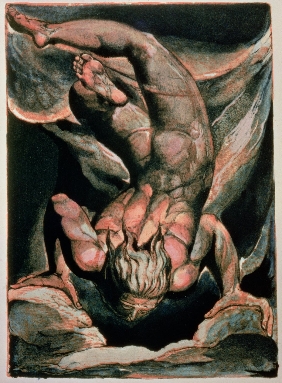 O primeiro livro de Urizen; Homem flutuando de cabeça para baixo, 1794 (gravura de relevo impressa a cores) de William Blake