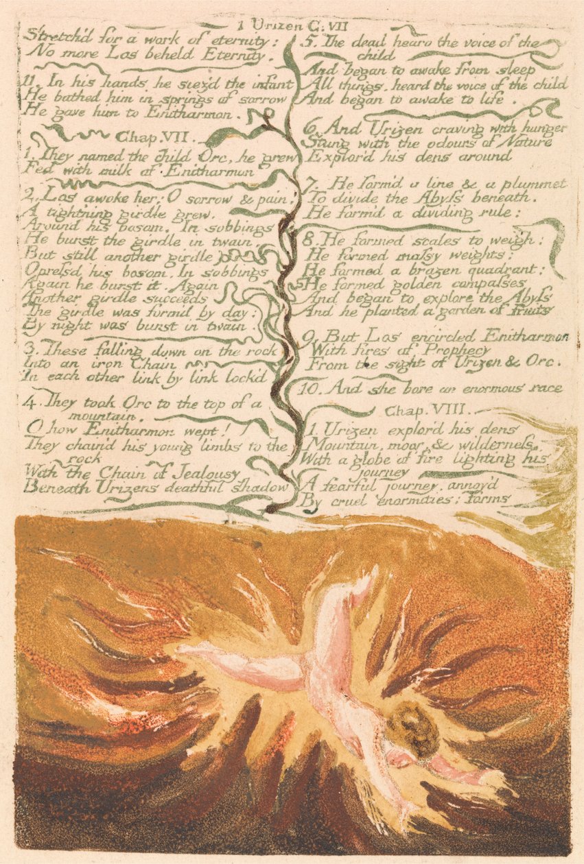 O Primeiro Livro de Urizen, Plate 19, Stretchd para um trabalho de eternidade. . . . (Bentley 20) de William Blake