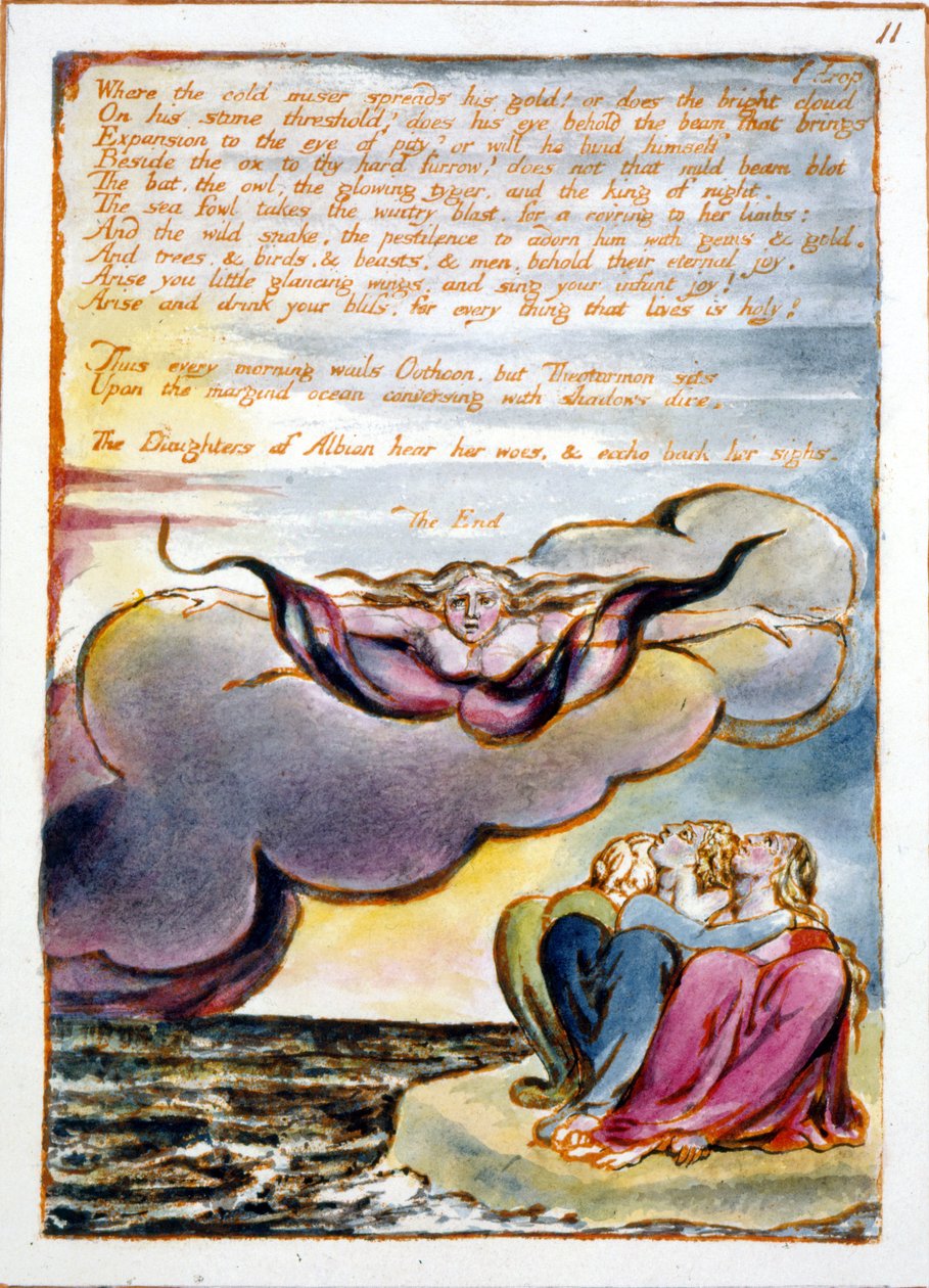 Visões das Filhas de Albion: &39;Onde a frieira espalha seu ouro ..&39; projetado em 1793, completou c.1815 (relevo gravura com caneta e wc no papel) de William Blake