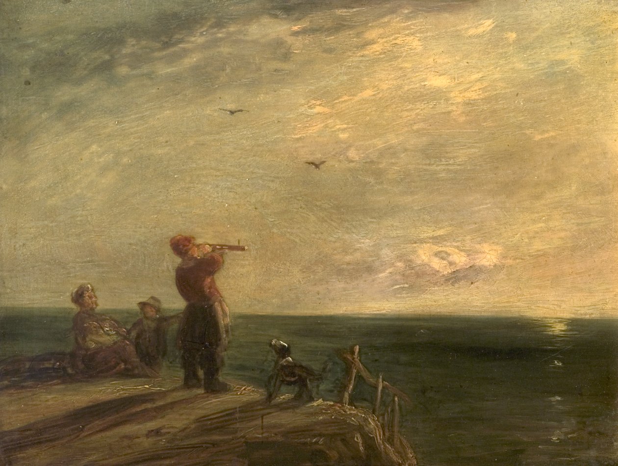 Seascape com figuras e cachorro, pôr do sol de William Collins