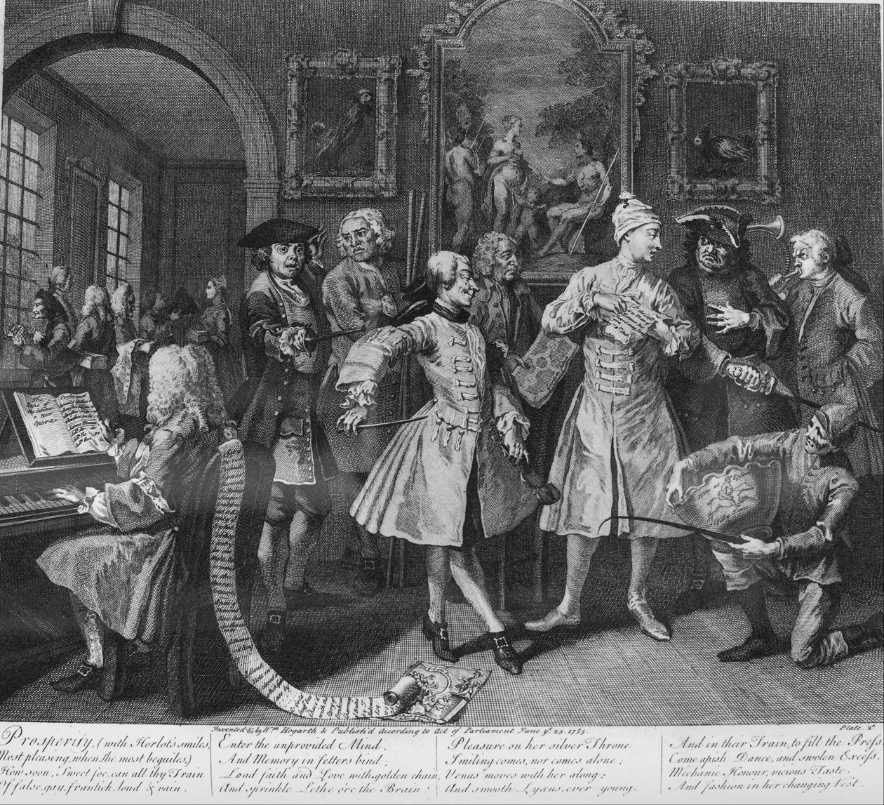 Um Rakes Progress, Plate 2, rodeado de artistas e professores de William Hogarth