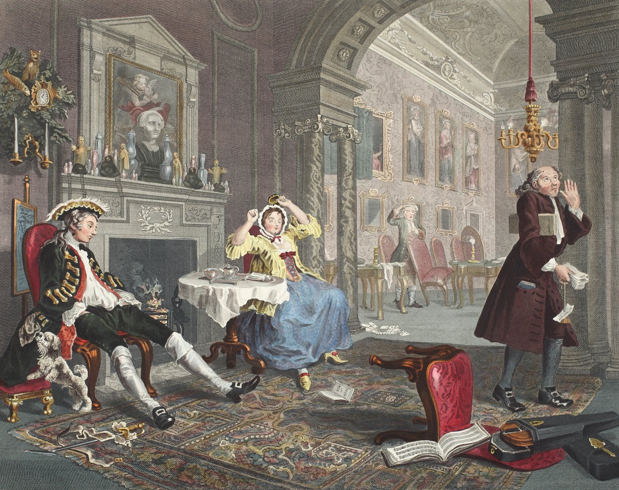 Casamento à la mode, placa II, o Tete a Tete, ilustração de &39;Hogarth restaurado: as obras inteiras do célebre William Hogarth, re-gravado por Thomas Cook&39;, pub. 1812 (gravura colorida à mão) de William Hogarth