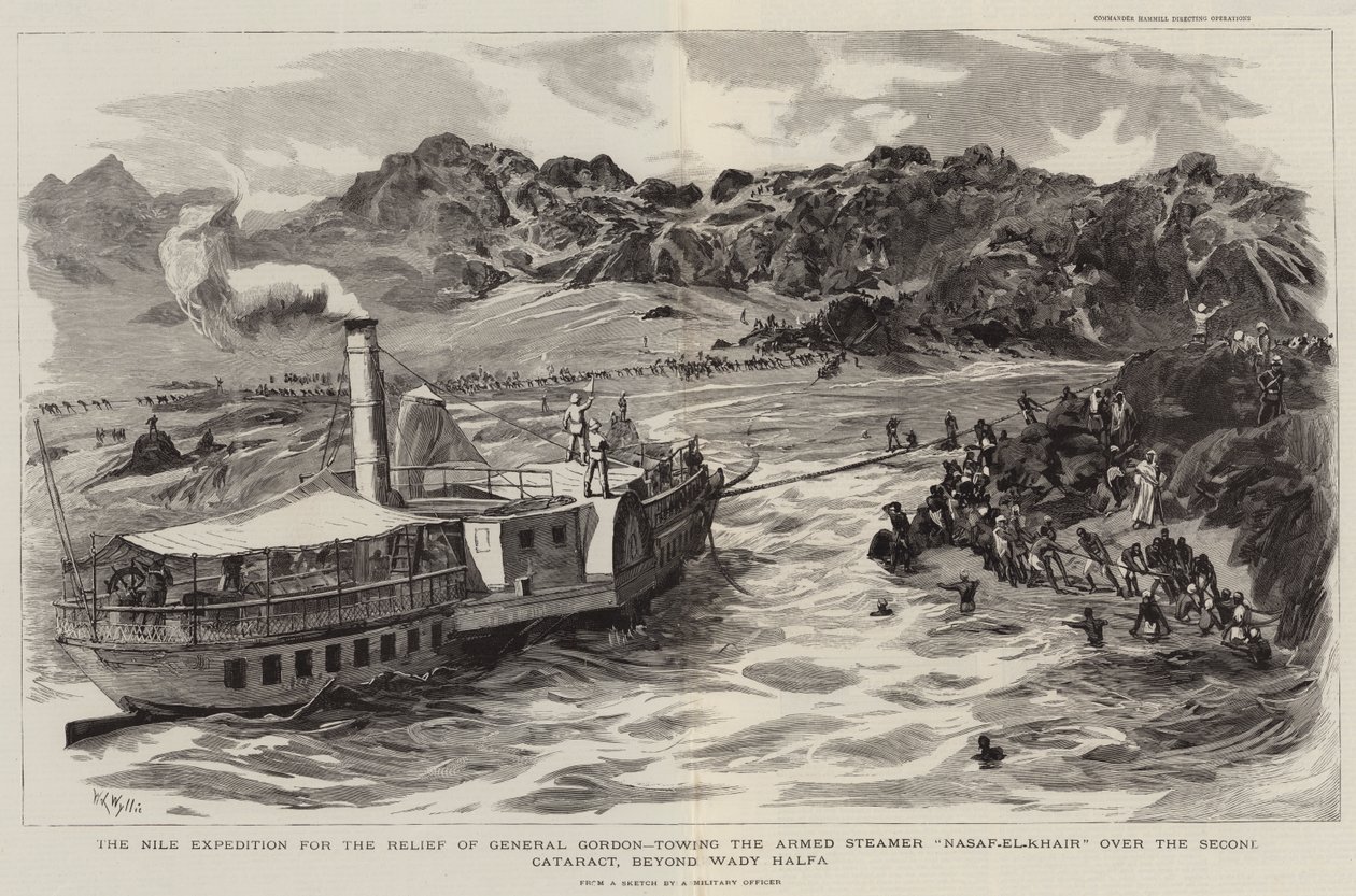 A Expedição do Nilo para o Socorro do General Gordon, rebocando o Navio-Armado Nasaf el Khair sobre a Segunda Catarata, além de Wady Halfa de William Lionel Wyllie