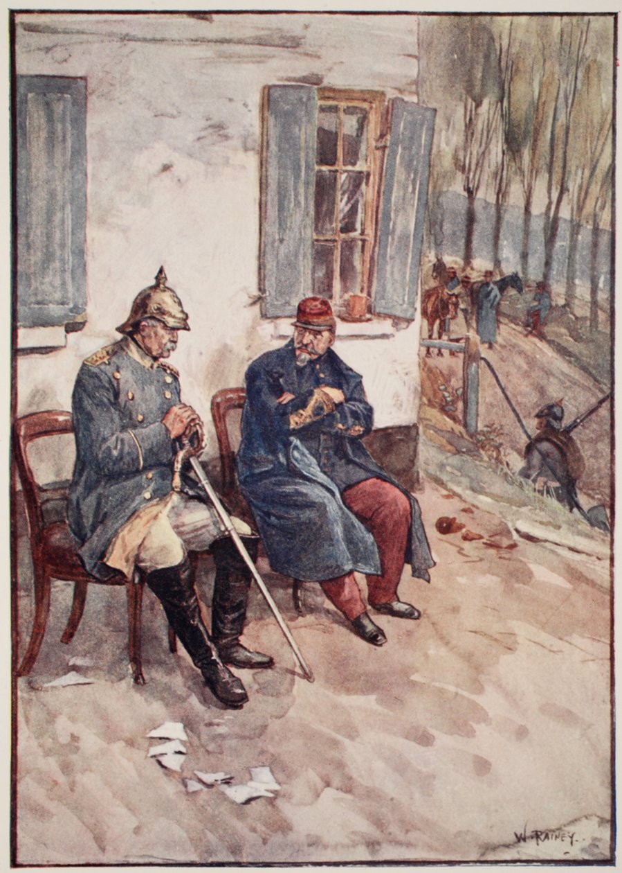 "Cadeiras foram trazidas para que Napoleão e o Ministro pudessem sentar-se ao ar livre", de "A História da França Contada a Meninos e Meninas por Mary Macgregor, 1920 de William Rainey