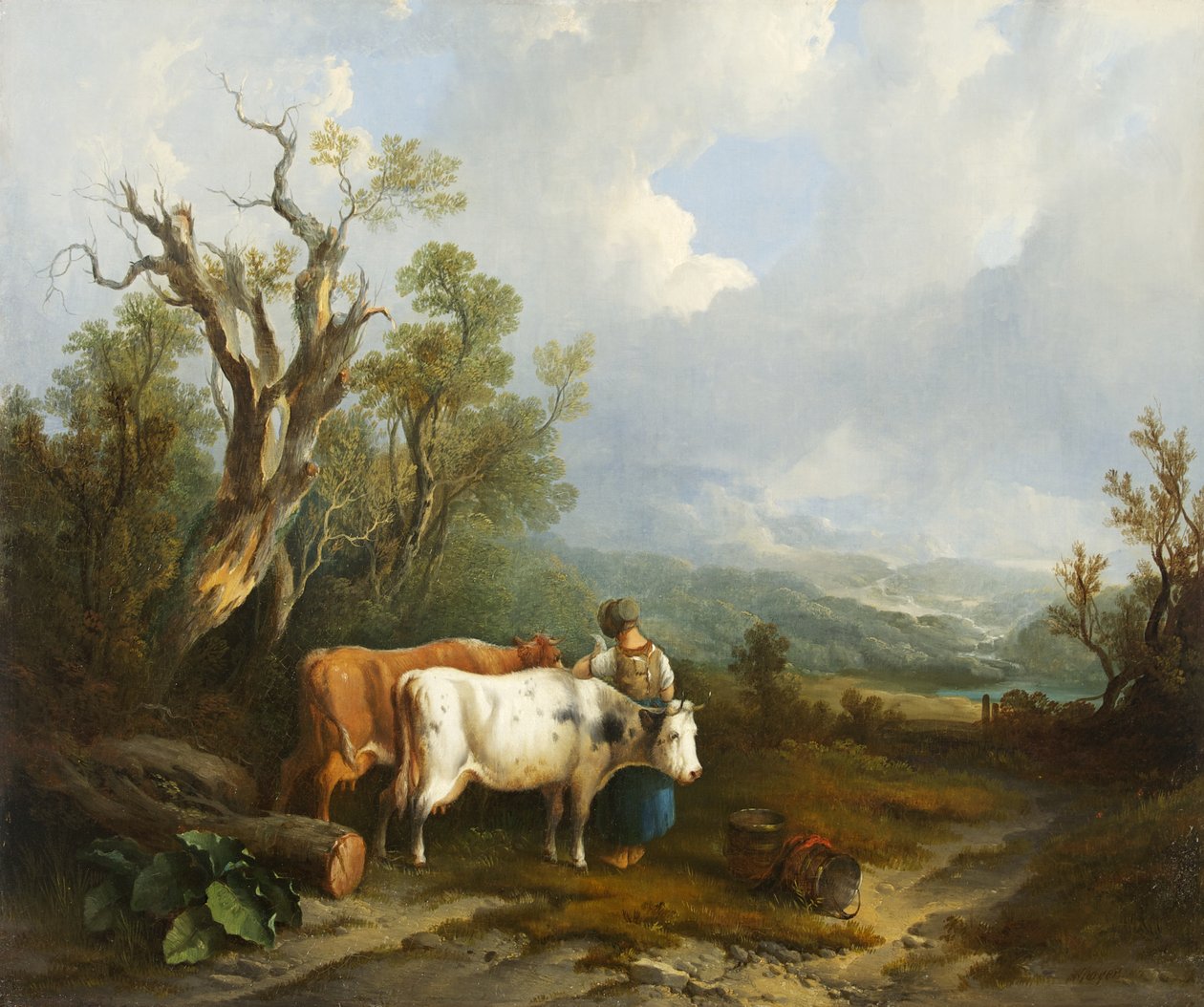 Paisagem com gado e figura de mulher, 1842 de William Snr. Shayer