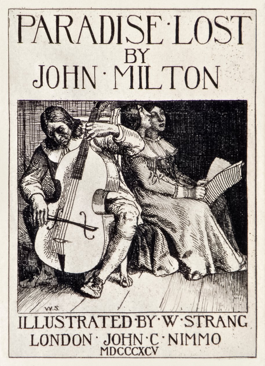 Página de título do Paraíso Perdido por John Milton (1608-1674), uma série de 12 ilustrações gravadas por William Strang (1859-1921) mostrando Milton tocando violoncelo para suas filhas. de William Strang