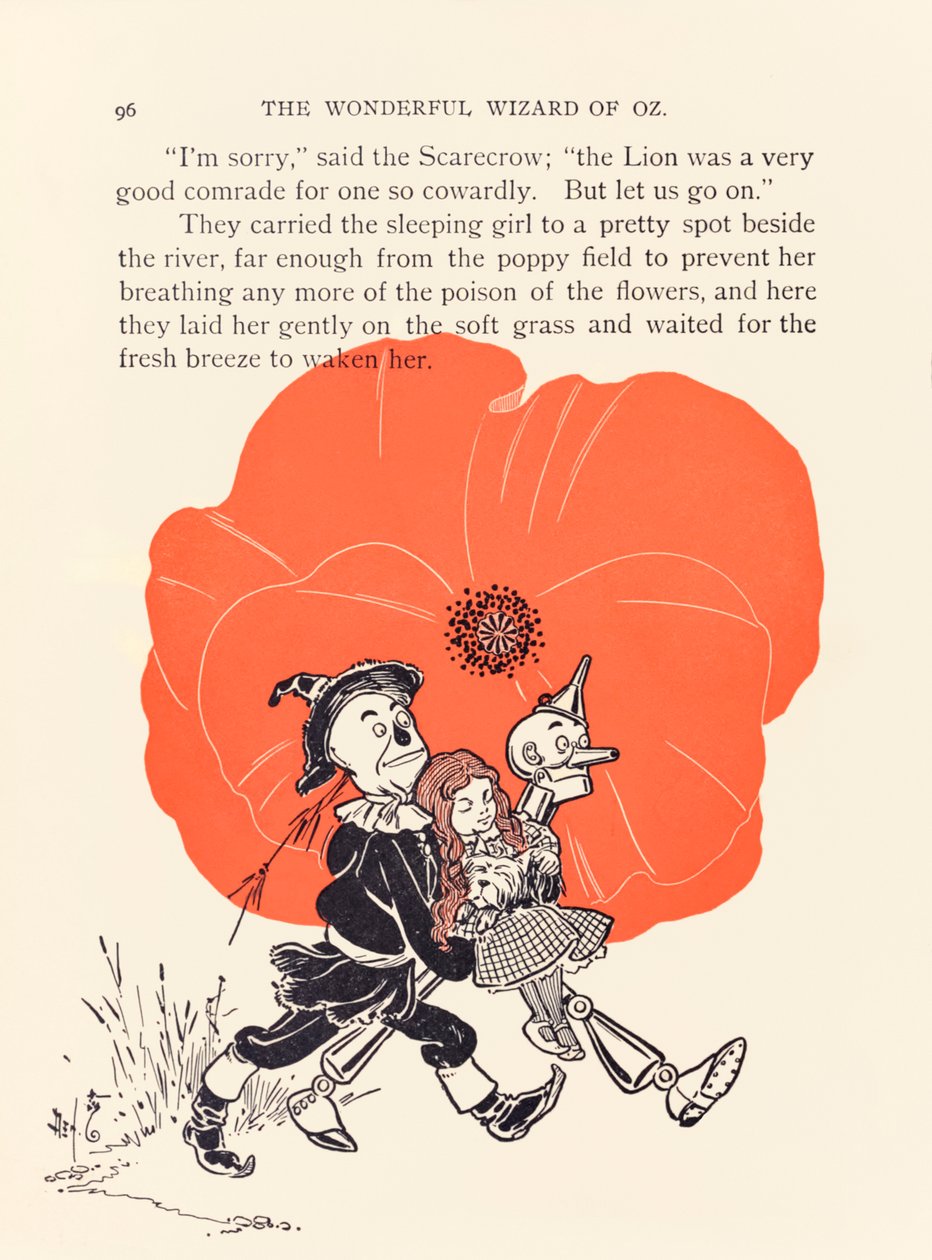 O Espantalho e o Lenhador de Lata resgatam Dorothy do campo mortal da  papoula, de O Maravilhoso Mágico de Oz de L. Frank Baum