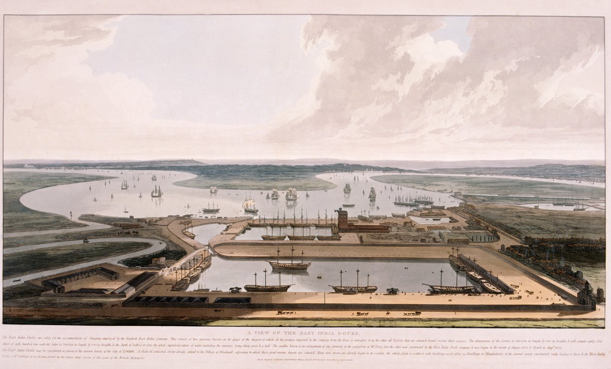 Docas das Índias Orientais, Poplar, Londres, 1808 de William Daniell