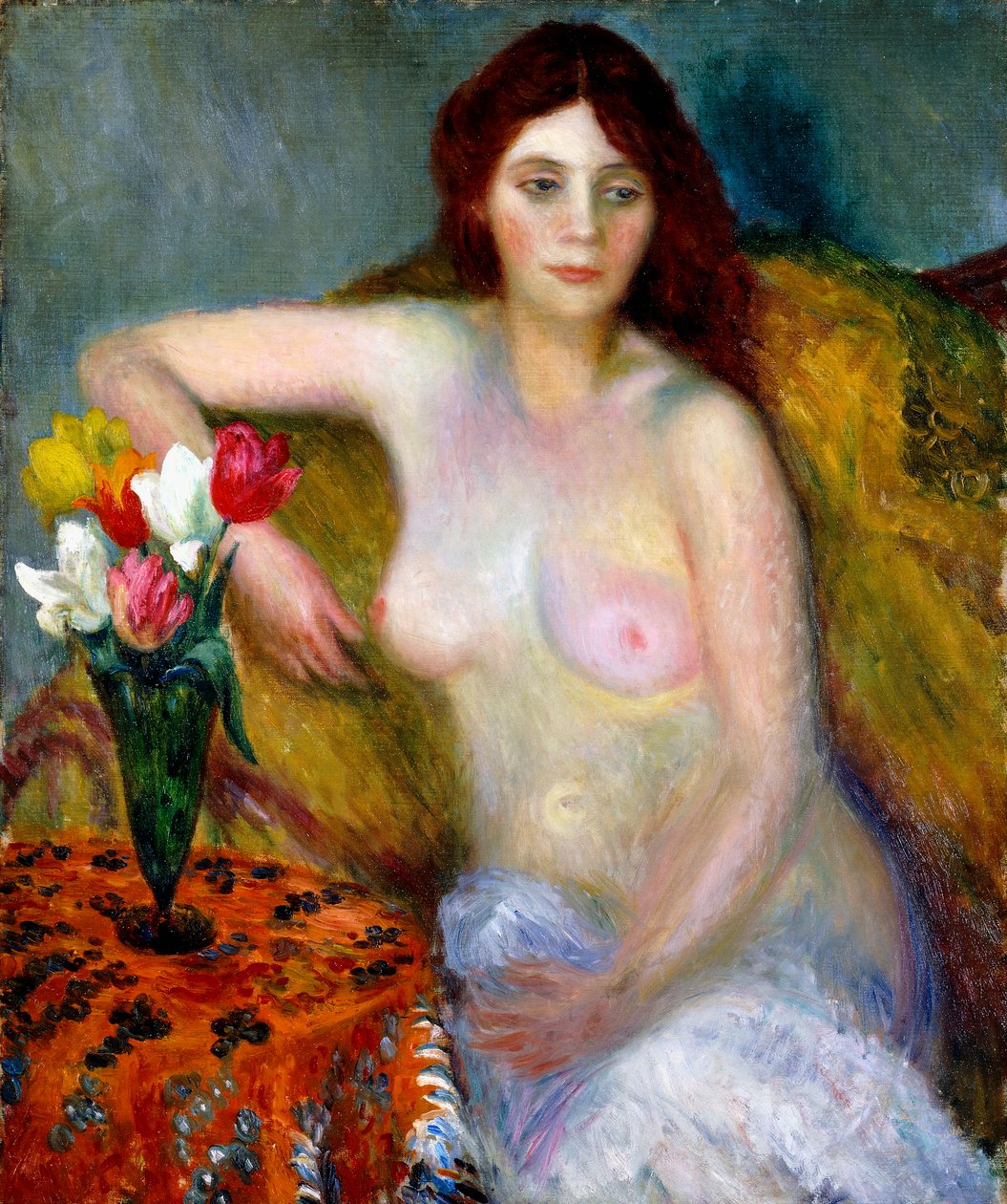 nu com tulipas de William James Glackens
