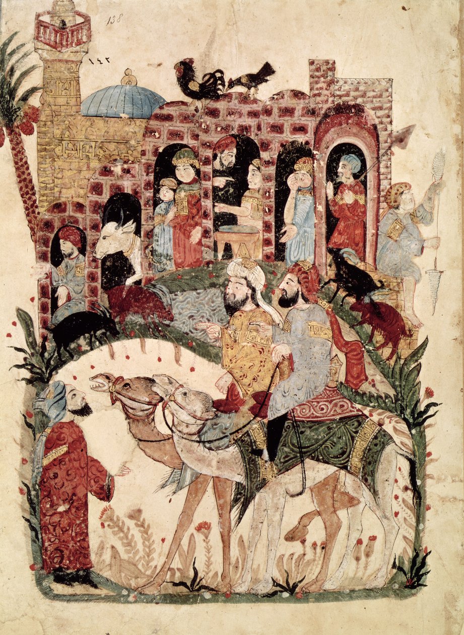 Sra. Ar 5847 f.138, Abu Zayd e Al-Harith questionando aldeões, de &39;Al Maqamat&39; (As Reuniões) por Al-Hariri, c.1240 de Yahya ibn Mahmud Al Wasiti