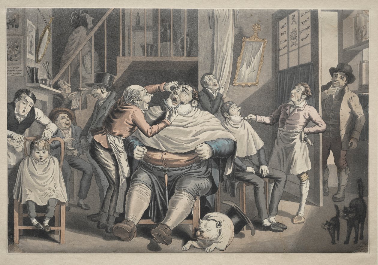 Uma barbearia de after Thomas Rowlandson