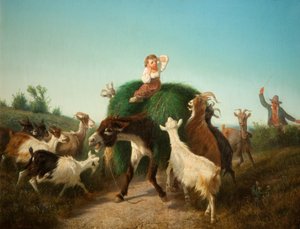 Criança italiana com burro e feno
