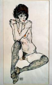 Fêmea nua sentada. Desenho por Egon Schiele