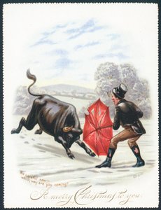 Touro carregando no guarda-chuva vermelho, cartão de Natal