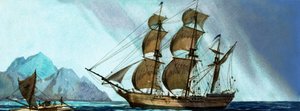 Navio à vela não identificado, aproximando-se uma ilha