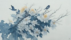 pintura a tinta: flor de crisântemo em azul_02
