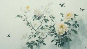 pintura a tinta: flor de crisântemo em verde_01