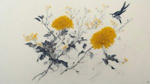 pintura a tinta: flor de crisântemo em amarelo_01