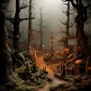 Floresta de Halloween em miniatura em tilt-shift com árvores enevoadas e uma atmosfera assustadora 4
