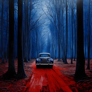 carro azul numa floresta vermelha 1