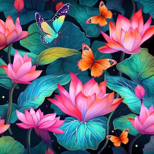 Padrão sem costuras de flores de lótus e borboletas 2